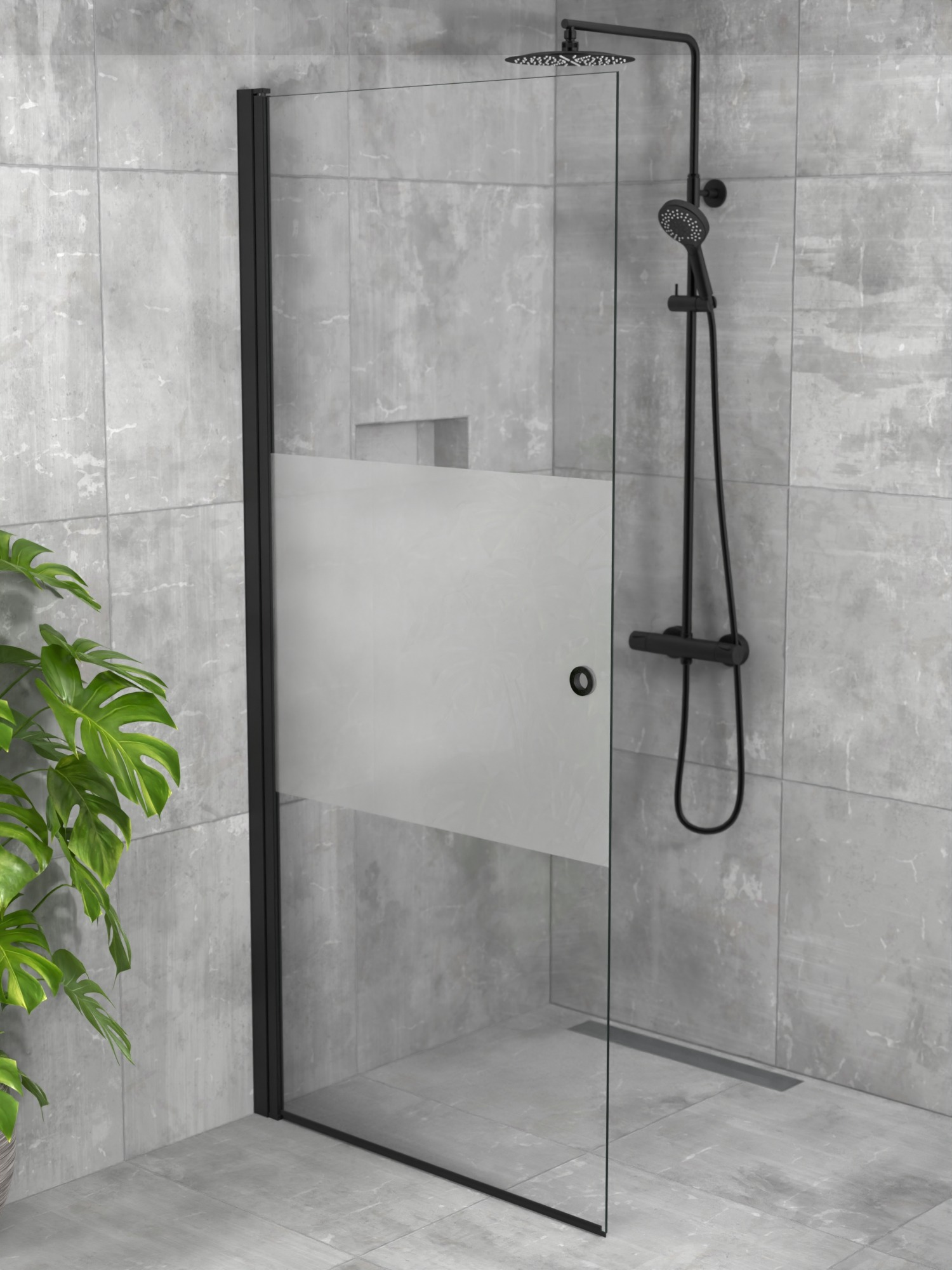 iBath® Wave™ - Skärmvägg / Glasdörr, Semifrostat glas, Mattsvart