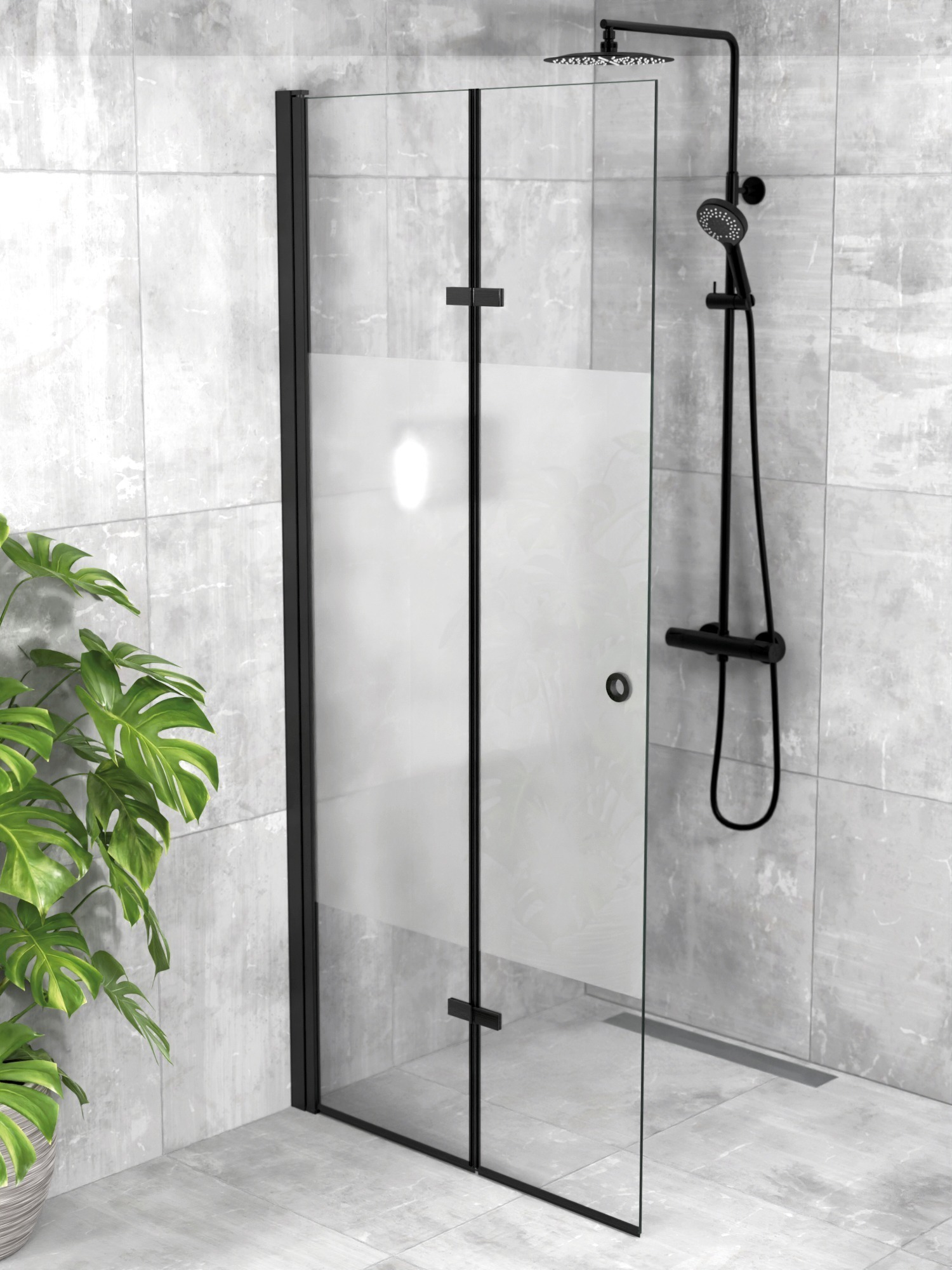 iBath® Twist™ - Vikbar skärmvägg / Vikbar Glasdörr, Semifrostat glas, Mattsvart
