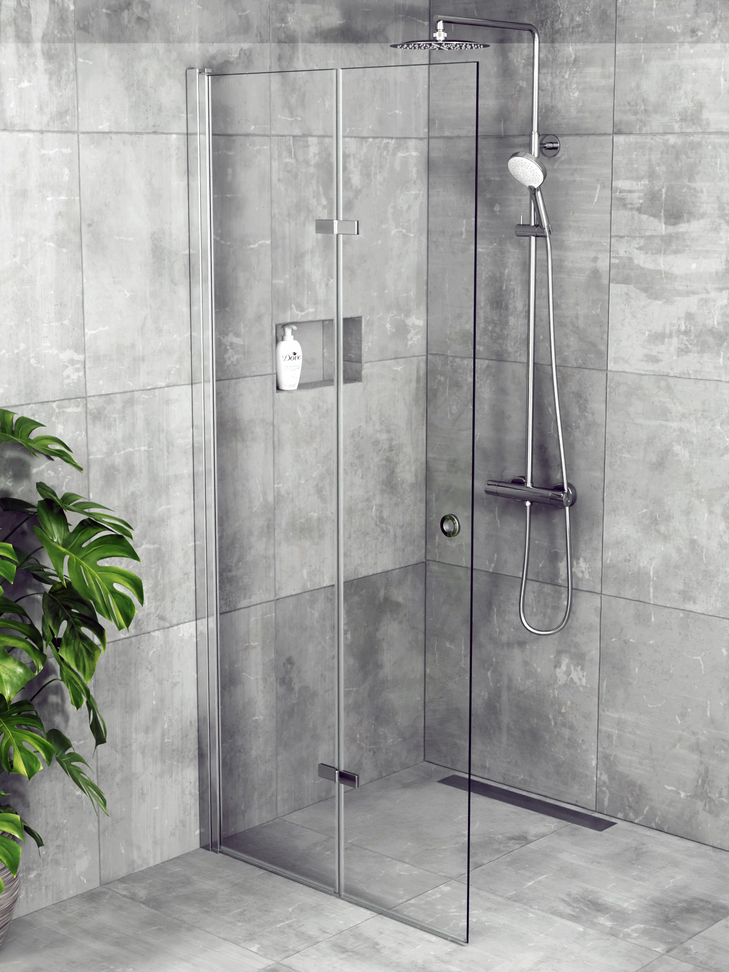 iBath® Twist™ - Vikbar skärmvägg / Vikbar Glasdörr, Klarglas, Blank Aluminium / Krom