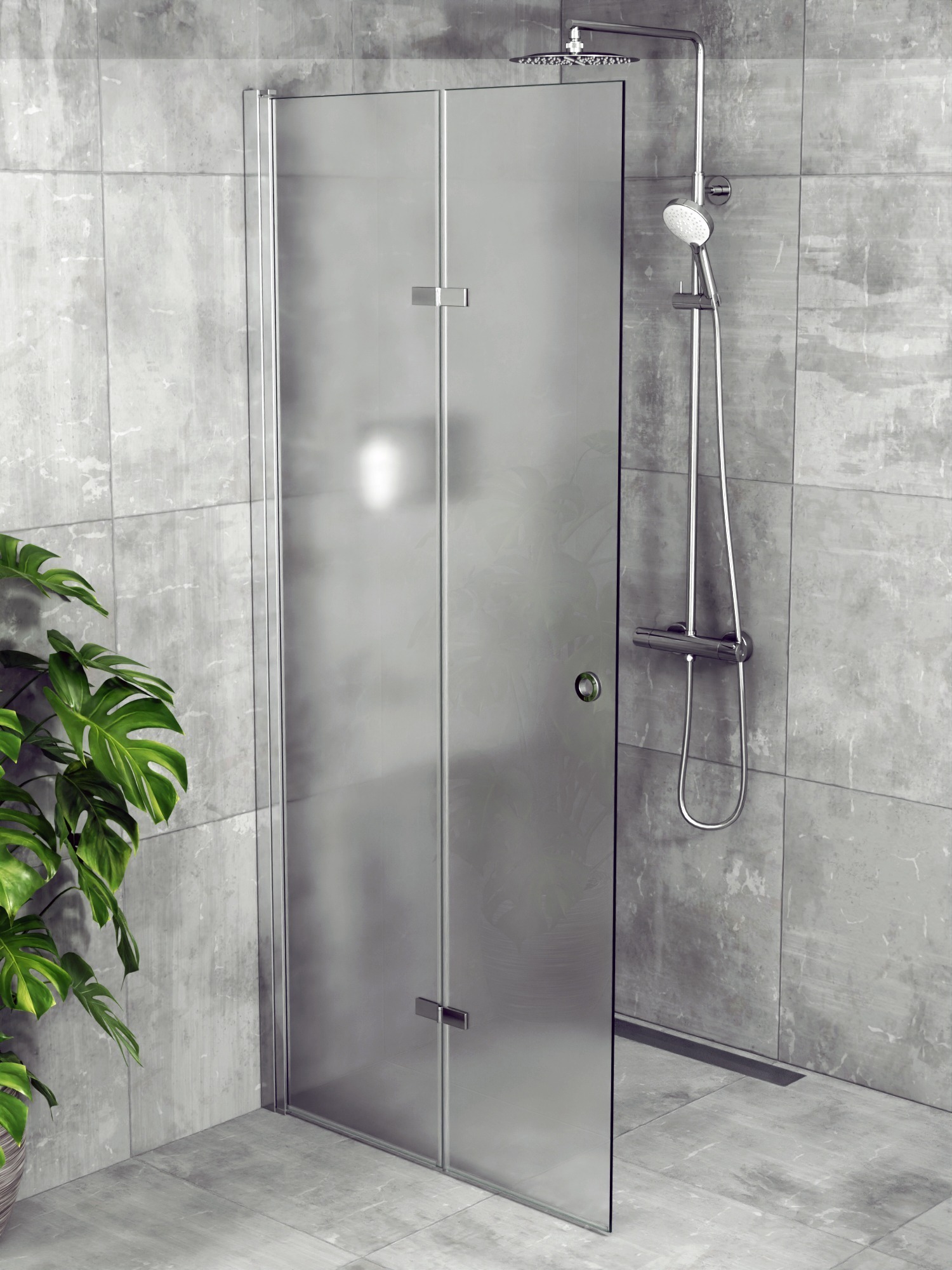 iBath® Twist™ - Vikbar skärmvägg / Vikbar Glasdörr, Frostat glas, Blank Aluminium / Krom