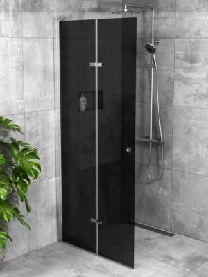 iBath® Twist™ - Vikbar skärmvägg / Vikbar Glasdörr, Tonat glas (grått), Blank Aluminium / Krom