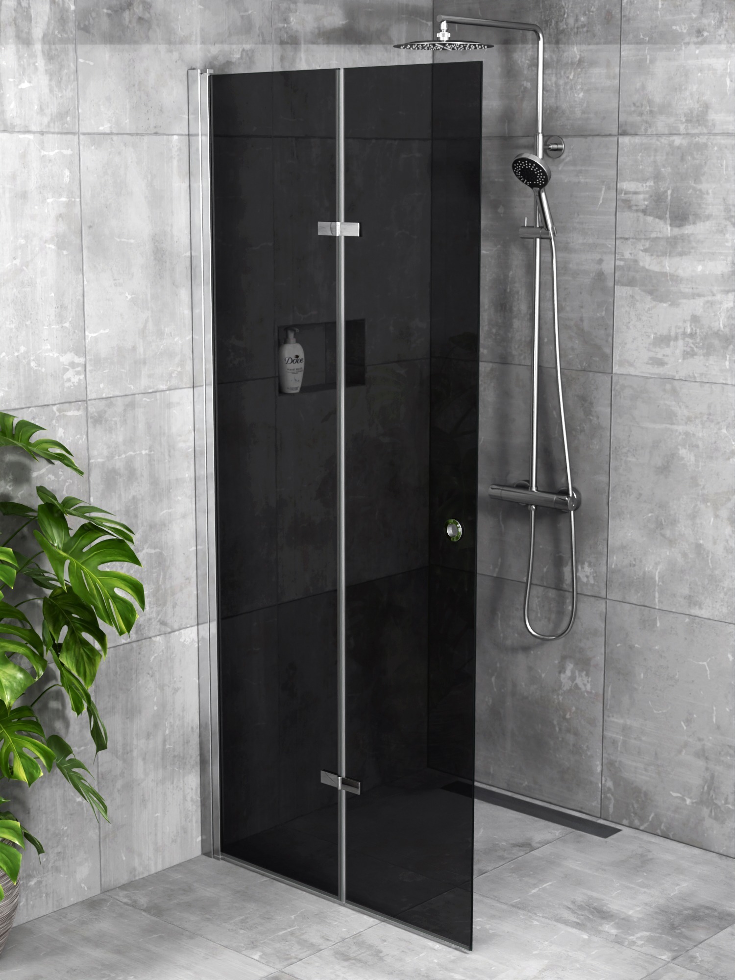 iBath® Twist™ - Vikbar skärmvägg / Vikbar Glasdörr, Tonat glas (grått), Blank Aluminium / Krom