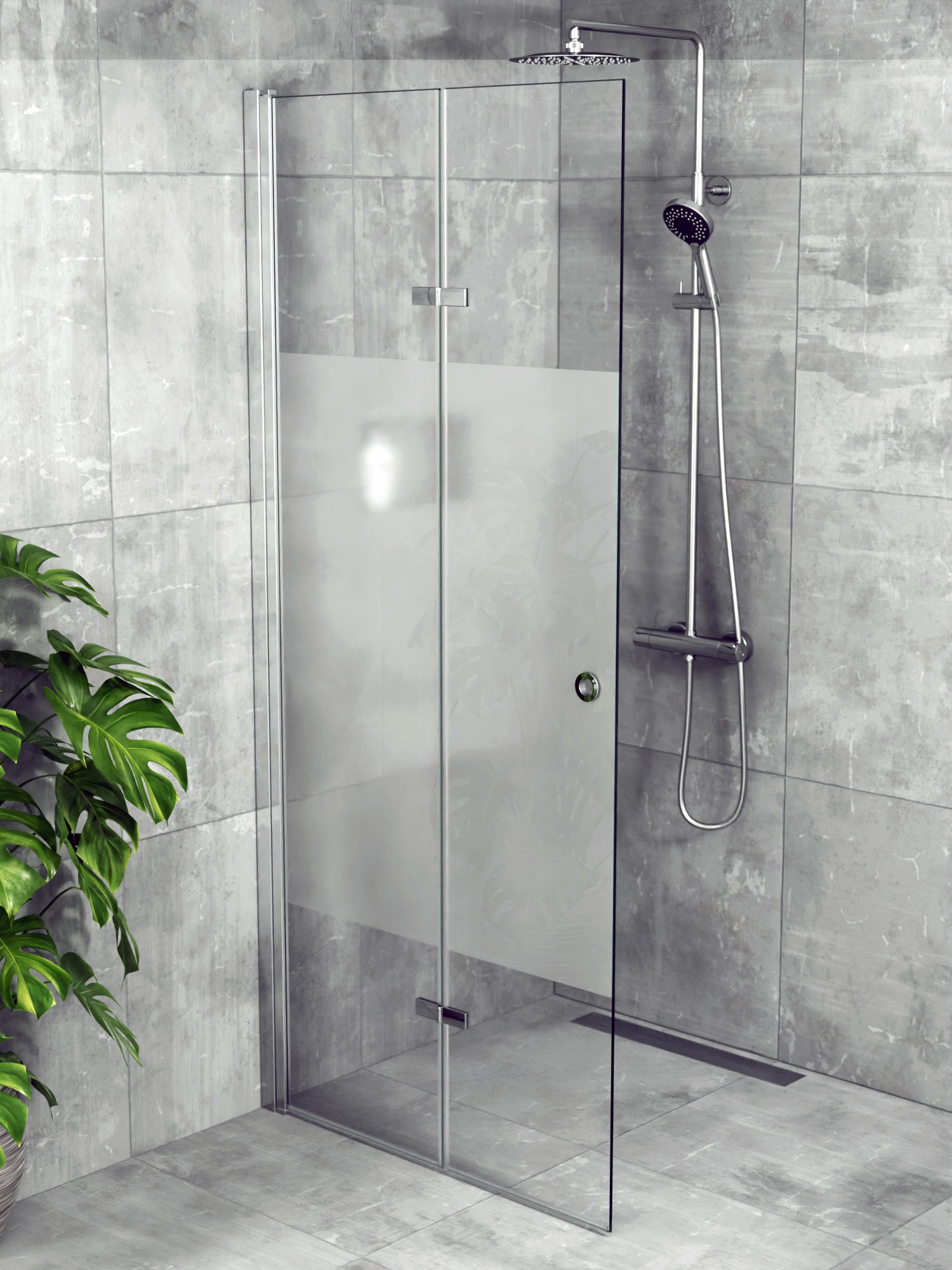 iBath® Twist™ - Vikbar skärmvägg / Vikbar Glasdörr, Semifrostat glas, Blank Aluminium / Krom