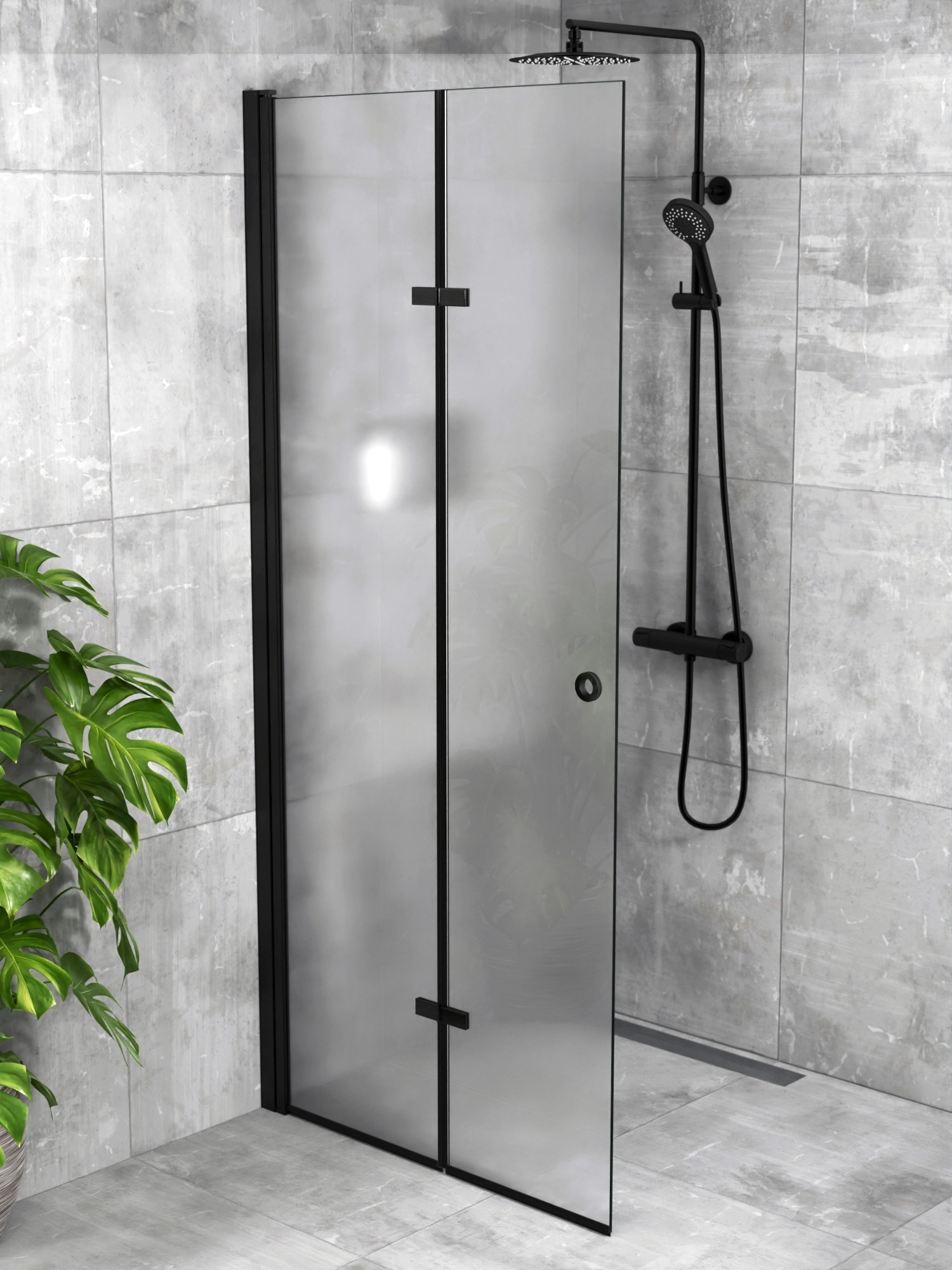 iBath® Twist™ - Vikbar skärmvägg / Vikbar Glasdörr, Frostat glas, Mattsvart