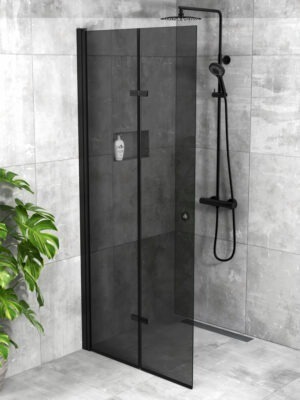 iBath® Twist™ - Vikbar skärmvägg / Vikbar Glasdörr, Tonat glas (grått), Mattsvart