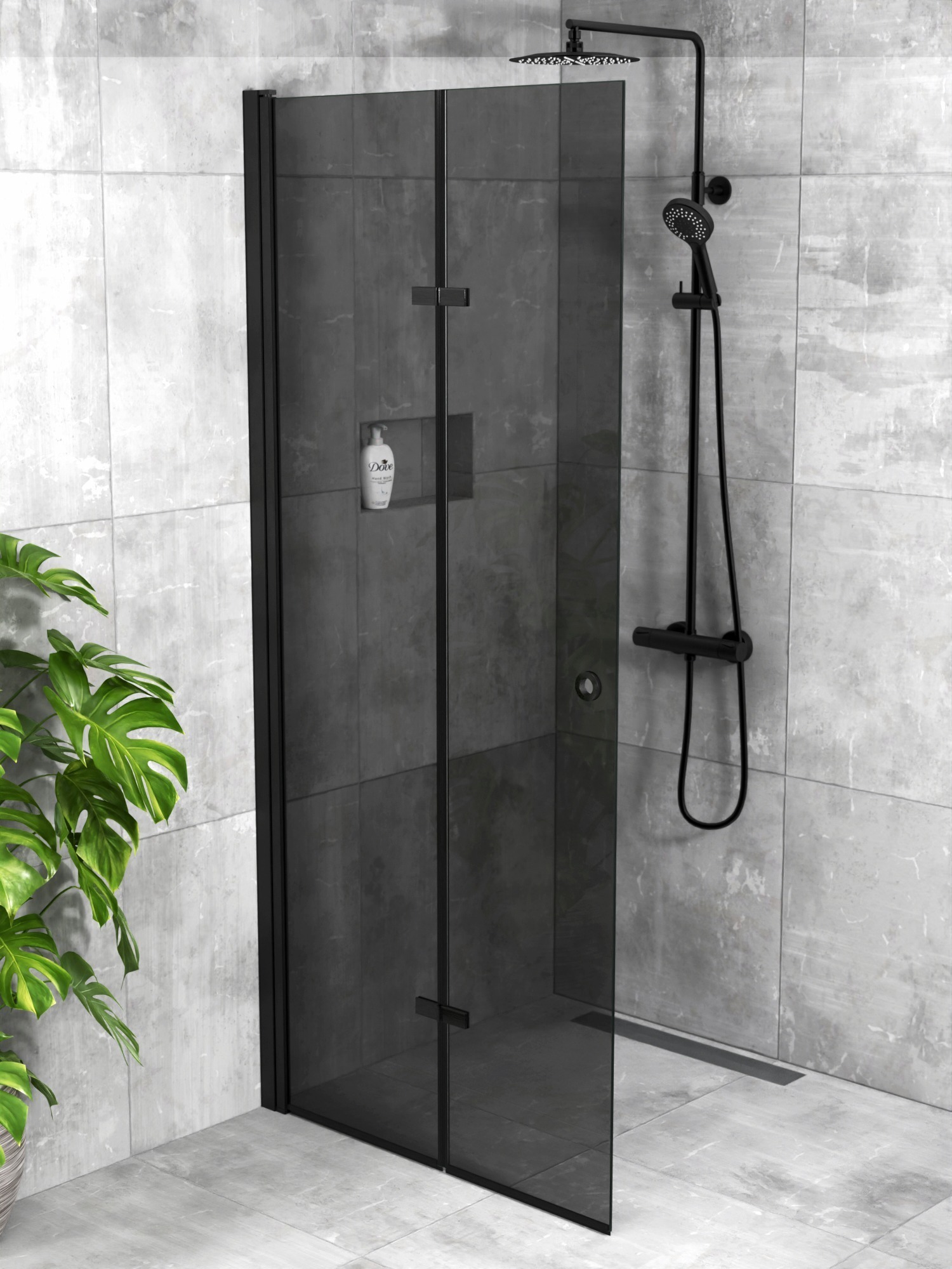 iBath® Twist™ - Vikbar skärmvägg / Vikbar Glasdörr, Tonat glas (grått), Mattsvart